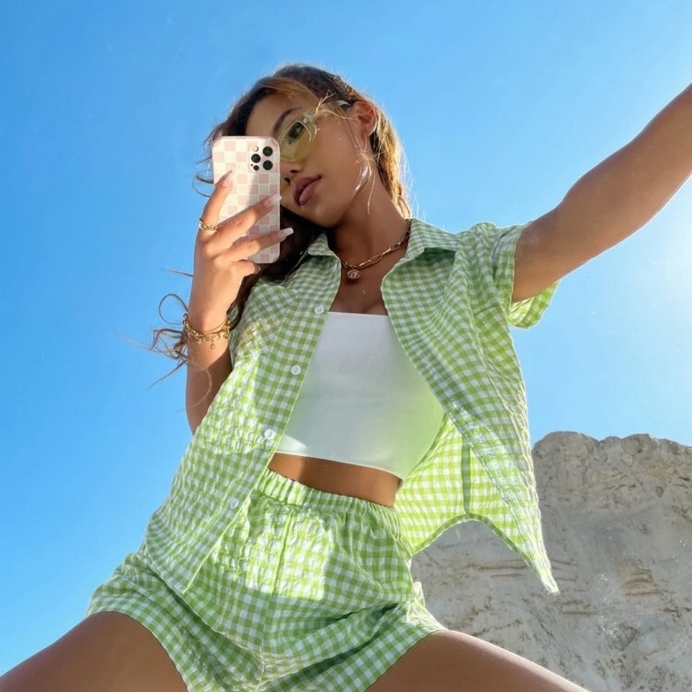 Green Gingham Shirt and Shorts Set